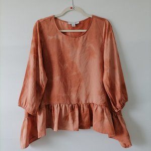 Madison Grey Womens Burnt Orange Crew Neck Ruffle Hem Tie Dye Blouse Top Size M